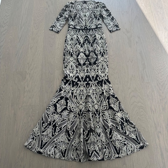 Marchesa Notte Moises Embroidered Gown Maxi Dress Gold Back Lace - Size 4 - Picture 6 of 12